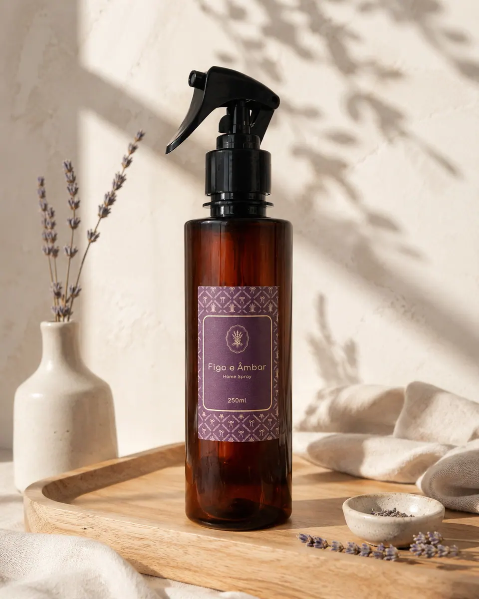 Home spray Figo e Âmbar sobre uma bandeja de madeira com lavanda seca