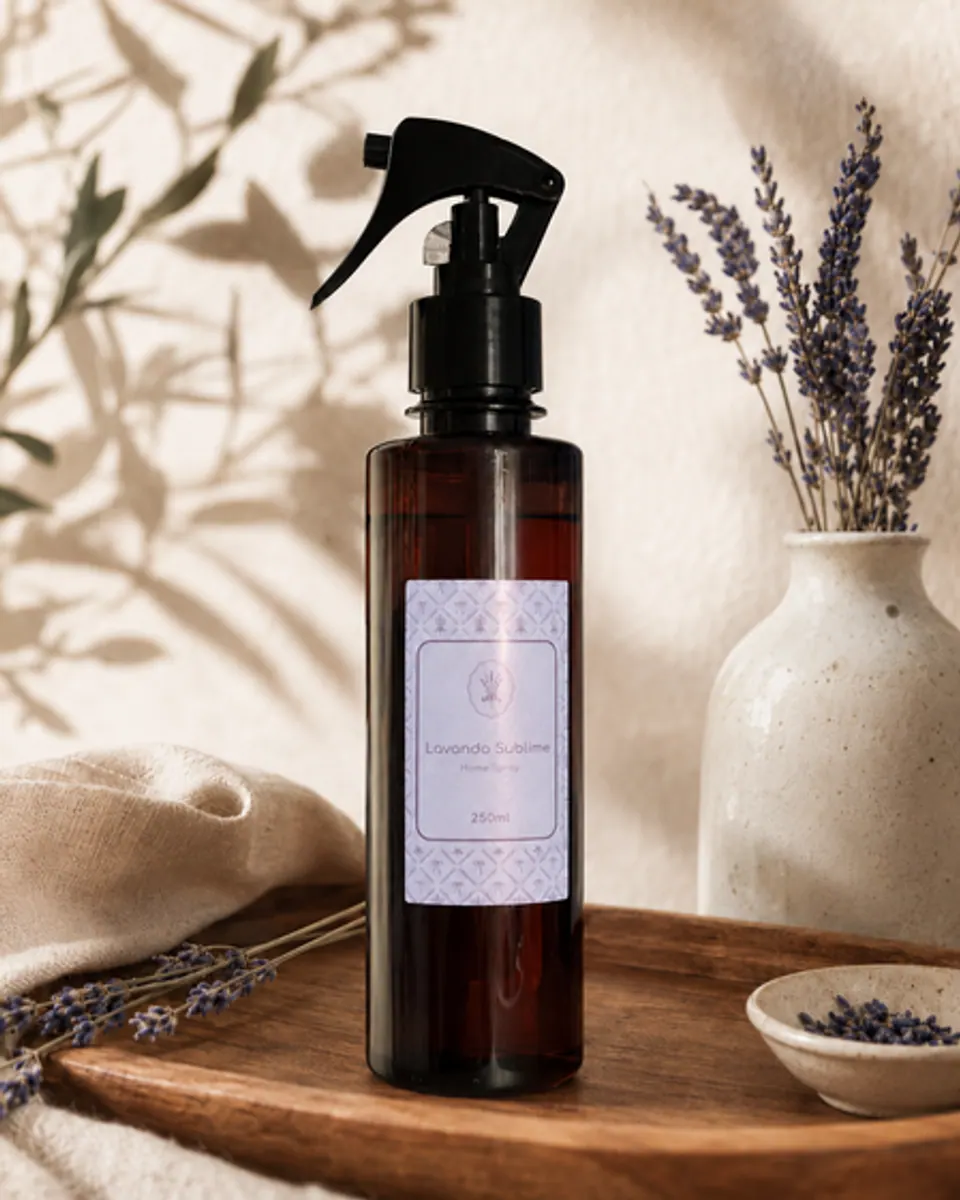 Home spray Lavanda Sublime ao lado de um vaso com ramos de lavanda