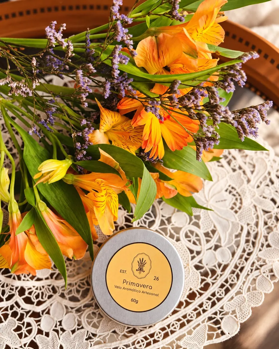 Vela Primavera apresentada junto a um buquê de flores alaranjadas